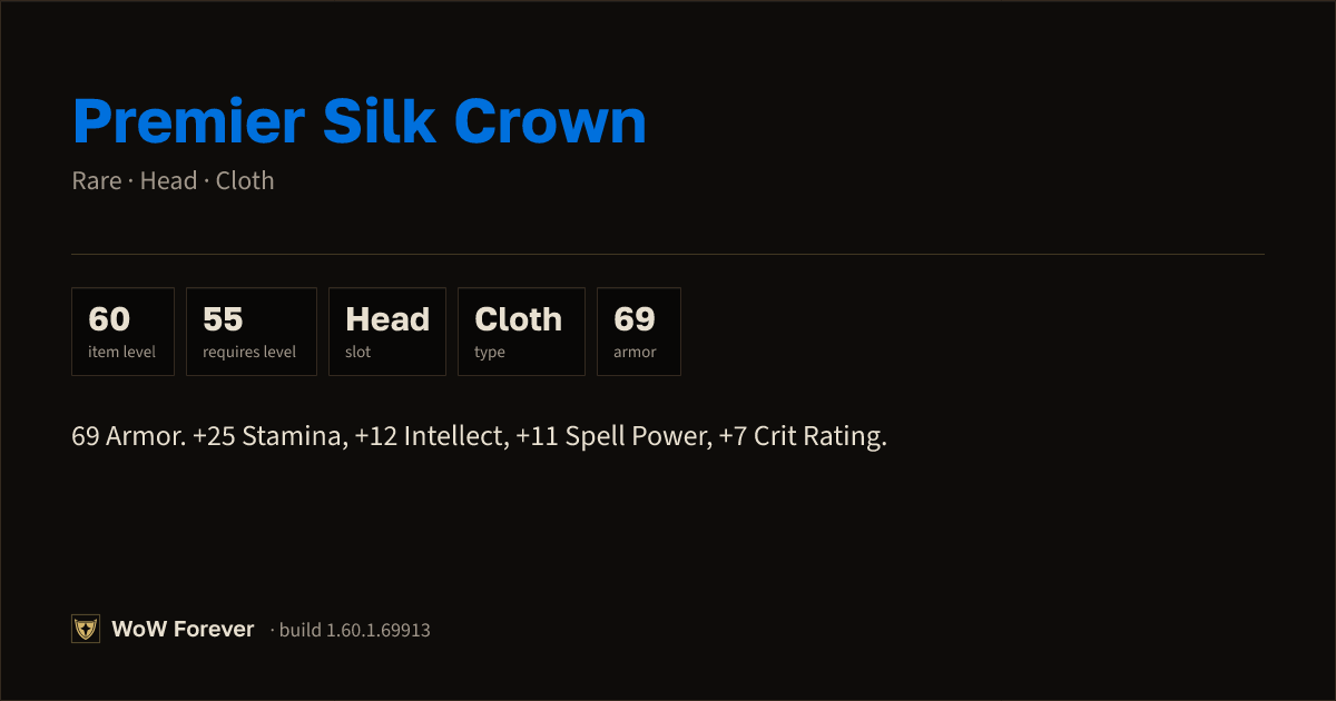 The preview card for Premier Silk Crown - Rare Cloth Head, Item Level 60