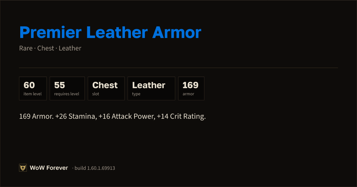 The preview card for Premier Leather Armor - Rare Leather Chest