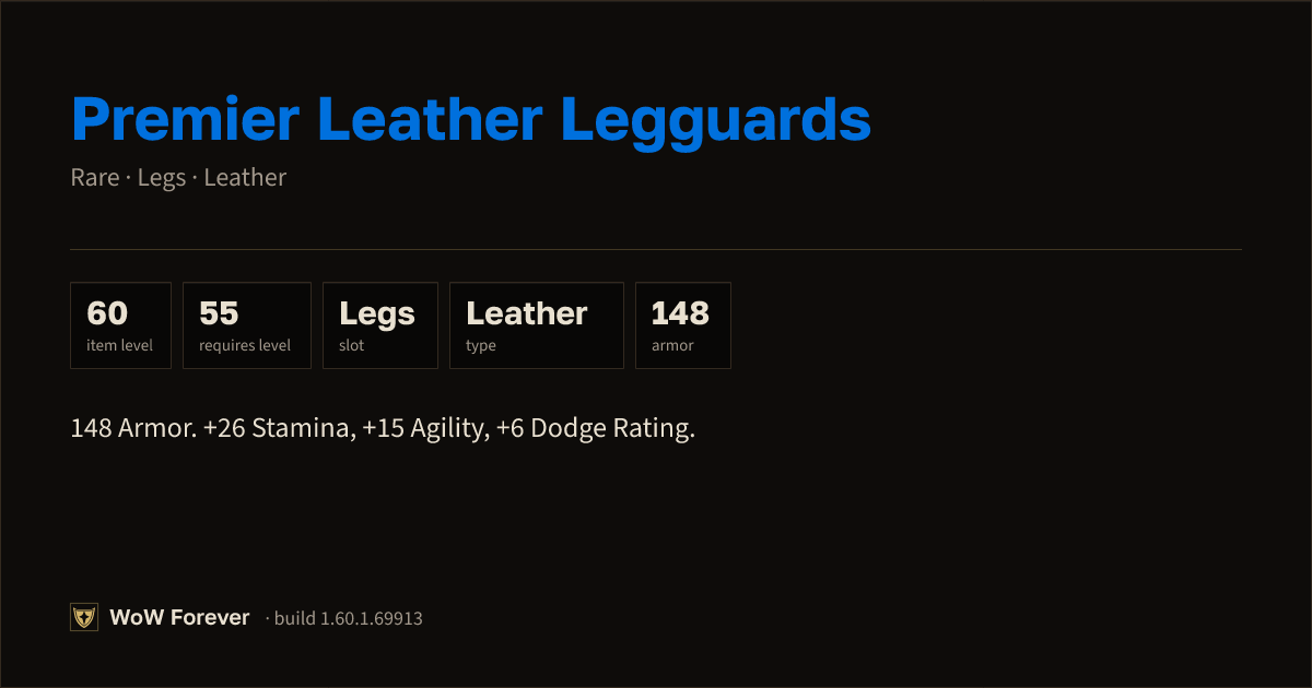 The preview card for Premier Leather Legguards - Rare Leather Legs