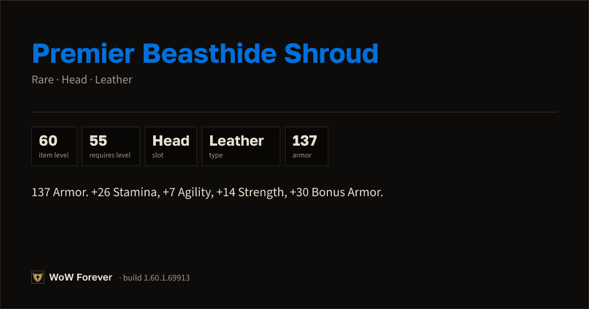 The preview card for Premier Beasthide Shroud - Rare Leather Head