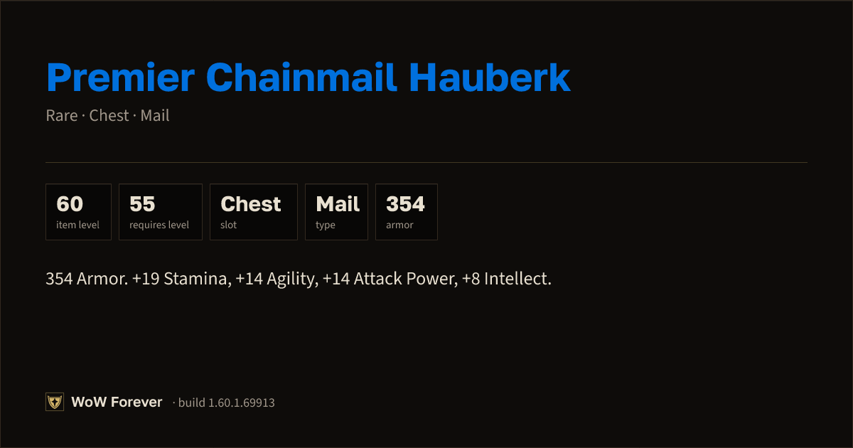 The preview card for Premier Chainmail Hauberk - Rare Mail Chest