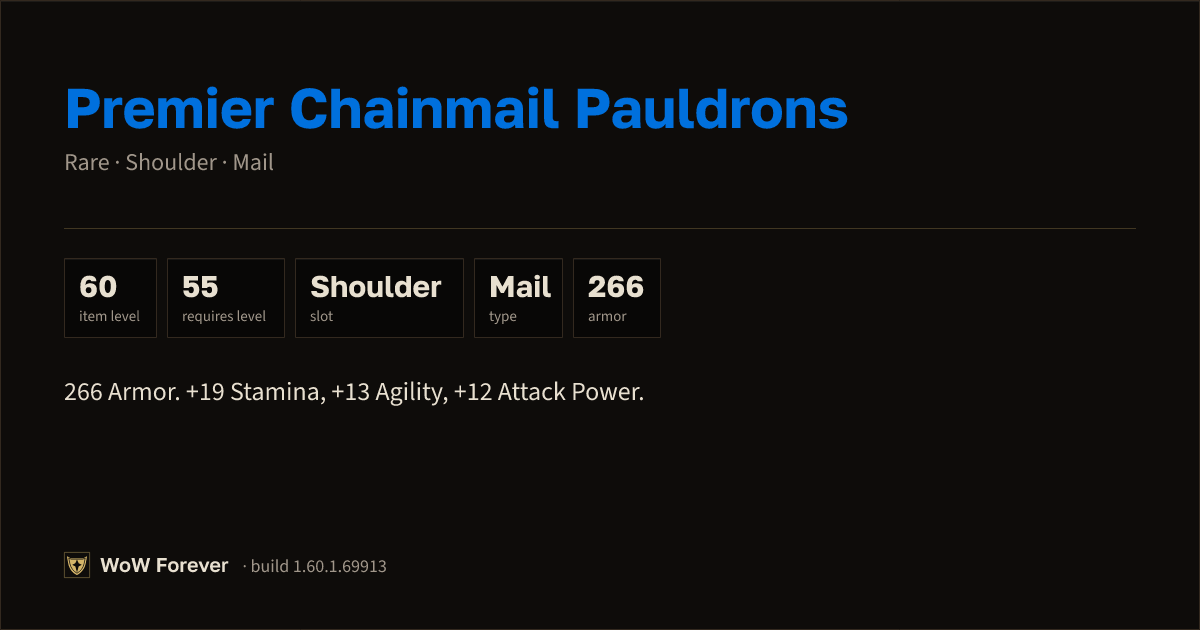 The preview card for Premier Chainmail Pauldrons - Rare Mail Shoulder