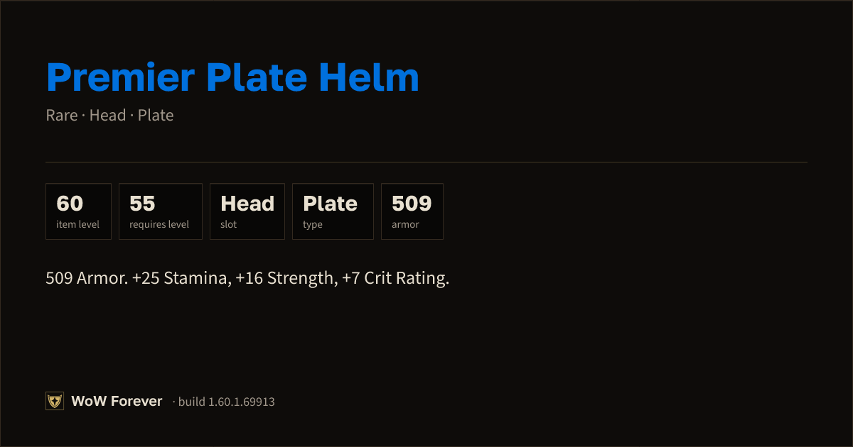 The preview card for Premier Plate Helm - Rare Plate Head, Item Level 60