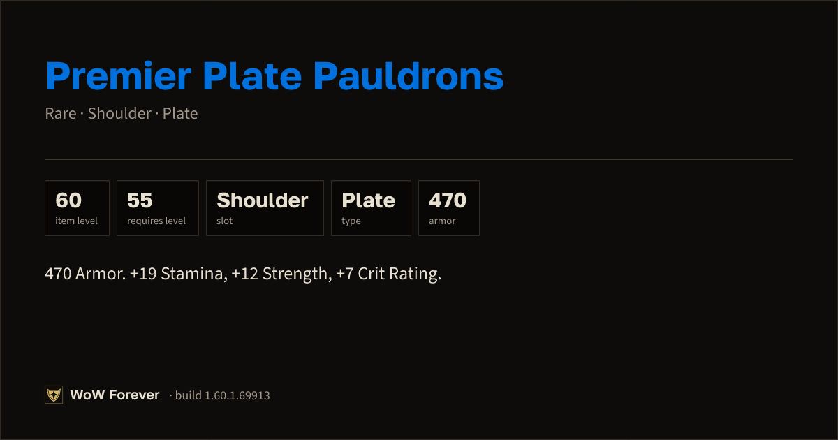 The preview card for Premier Plate Pauldrons - Rare Plate Shoulder