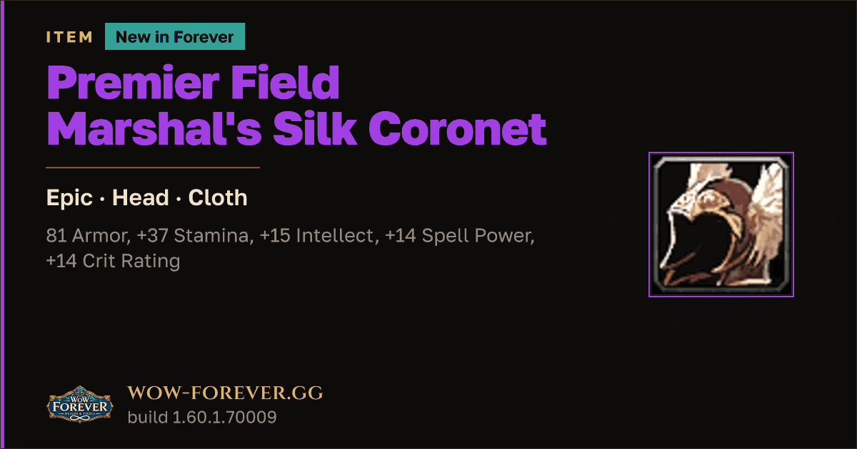 The preview card for Premier Field Marshal's Silk Coronet - WoW Forever Item