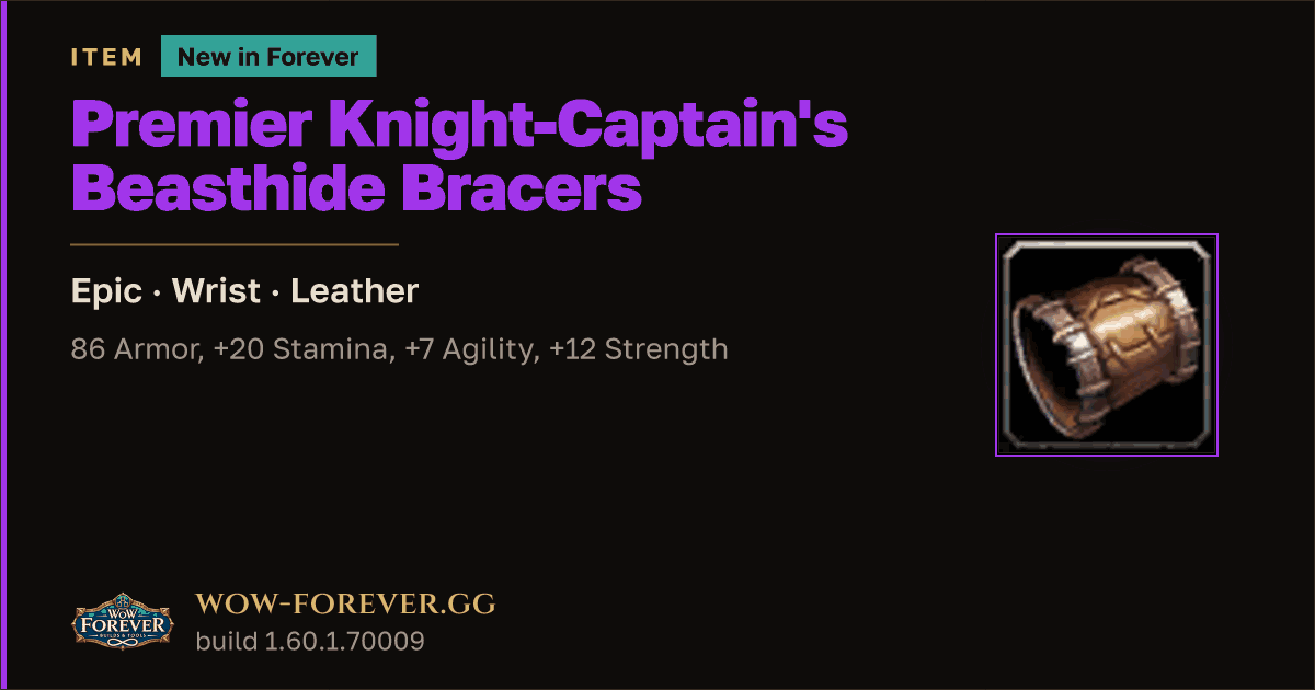 The preview card for Premier Knight-Captain's Beasthide Bracers - WoW Forever Item