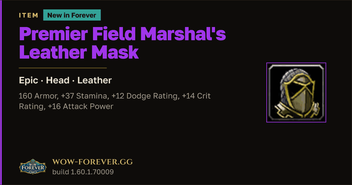 The preview card for Premier Field Marshal's Leather Mask - WoW Forever Item