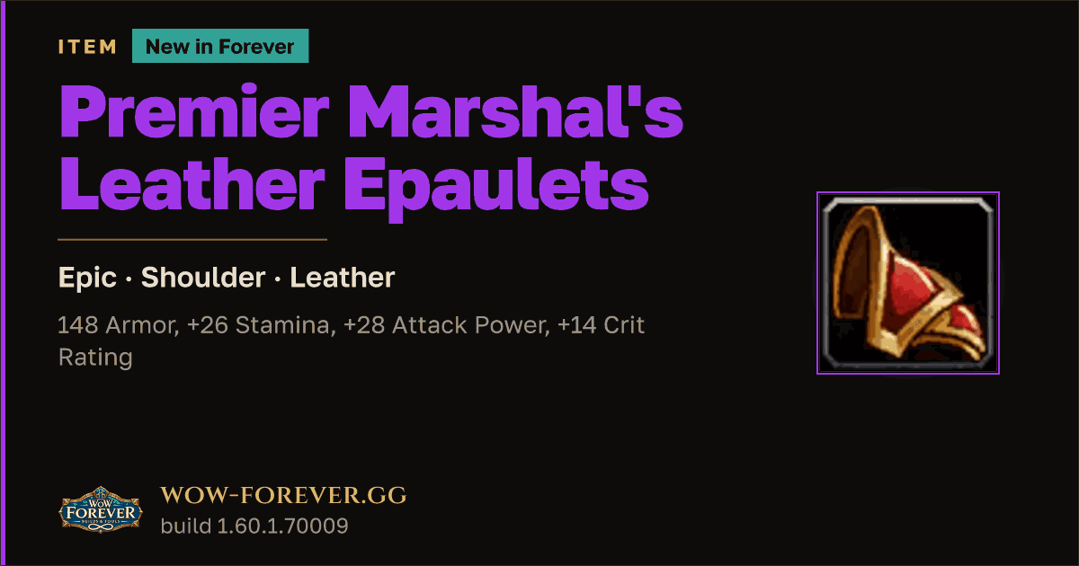 The preview card for Premier Marshal's Leather Epaulets - WoW Forever Item