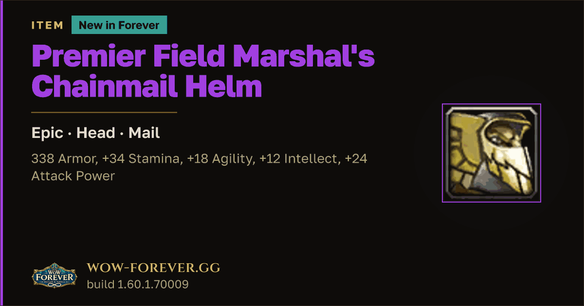 The preview card for Premier Field Marshal's Chainmail Helm - WoW Forever Item