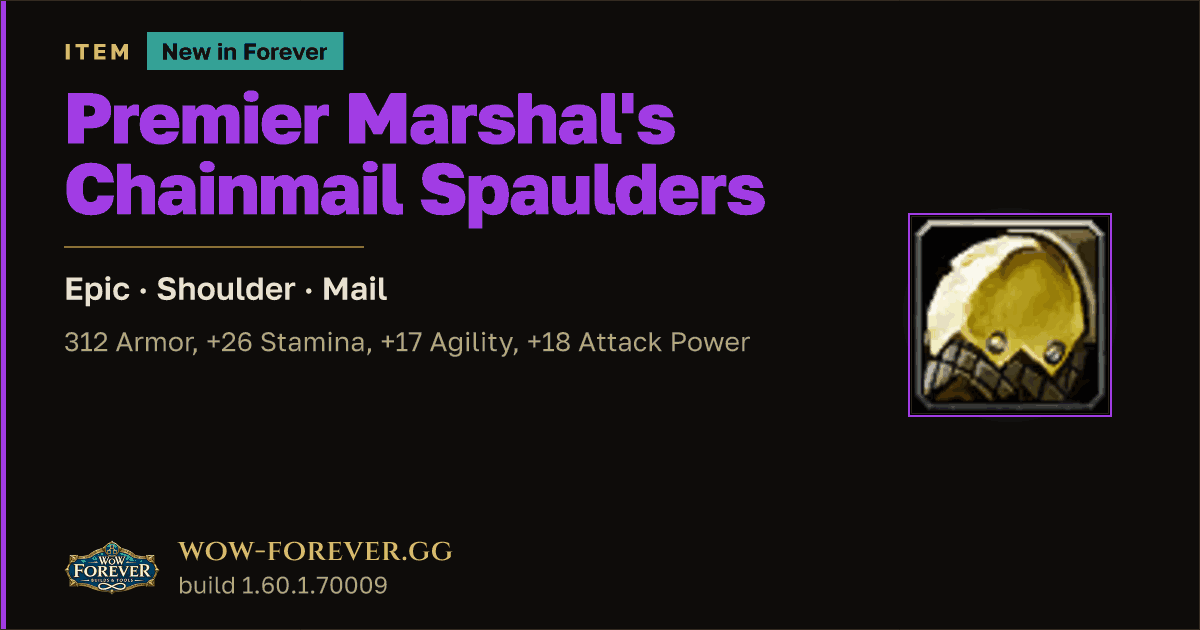 The preview card for Premier Marshal's Chainmail Spaulders - WoW Forever Item