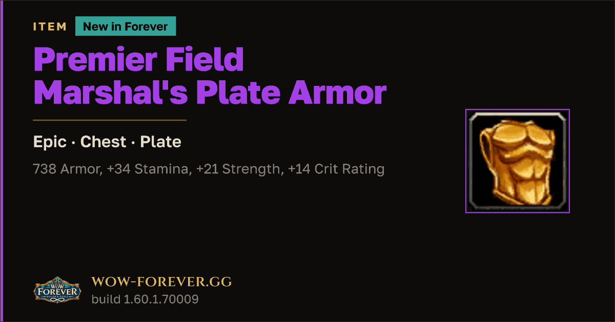 The preview card for Premier Field Marshal's Plate Armor - WoW Forever Item