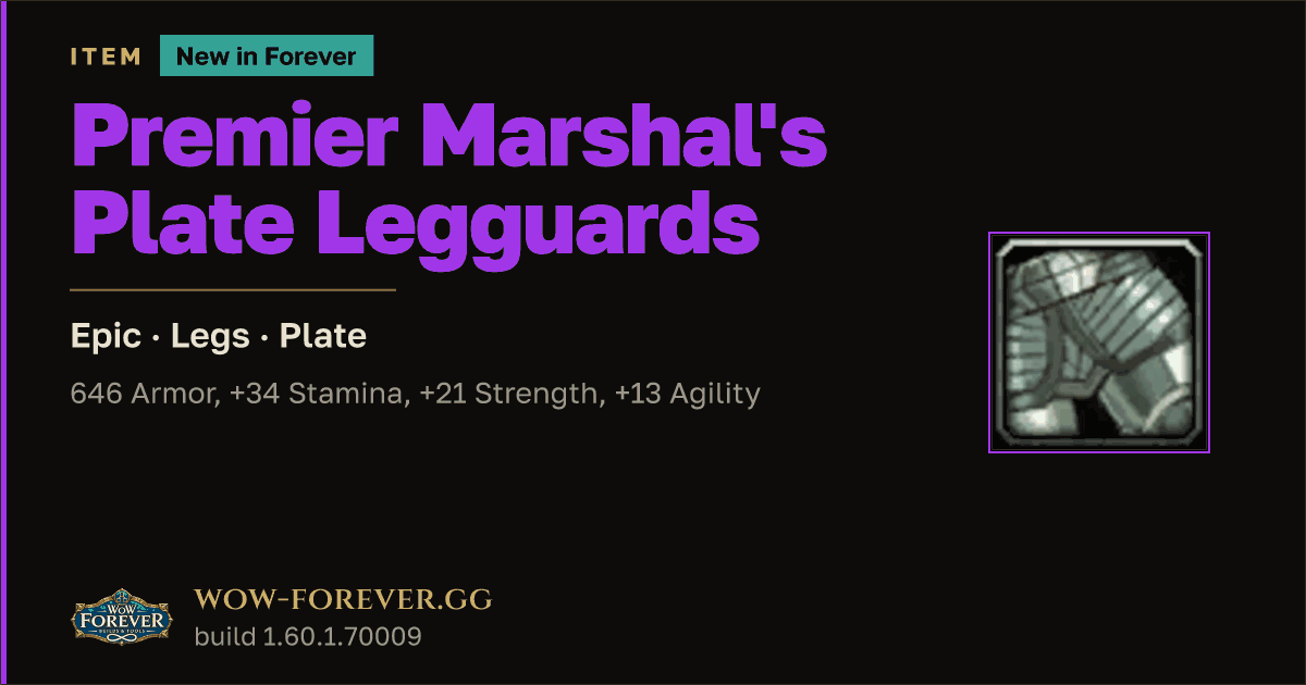 The preview card for Premier Marshal's Plate Legguards - Epic Plate Legs