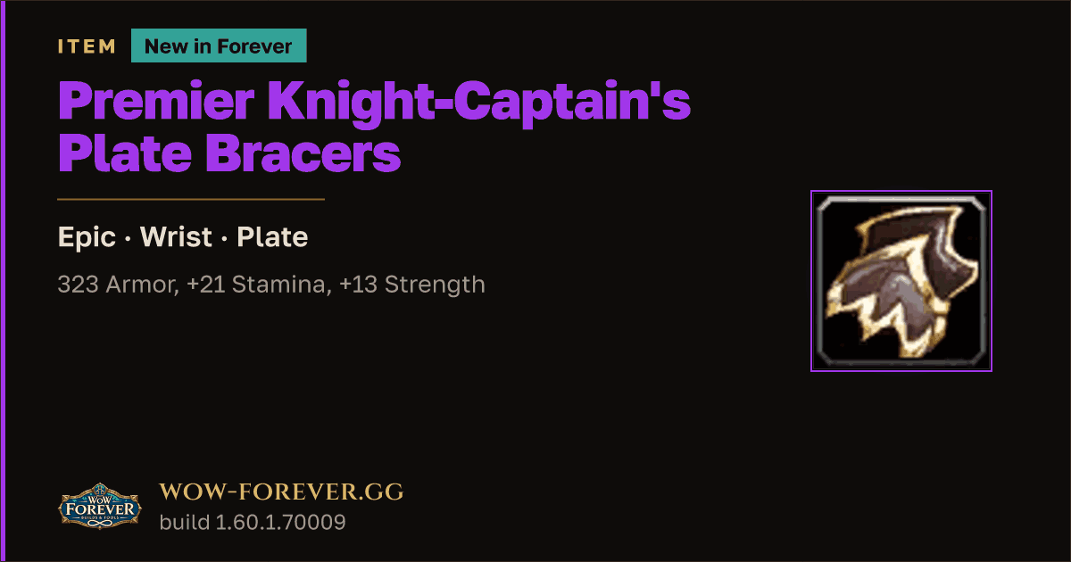 The preview card for Premier Knight-Captain's Plate Bracers - WoW Forever Item