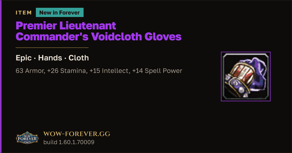 The preview card for Premier Lieutenant Commander's Voidcloth Gloves