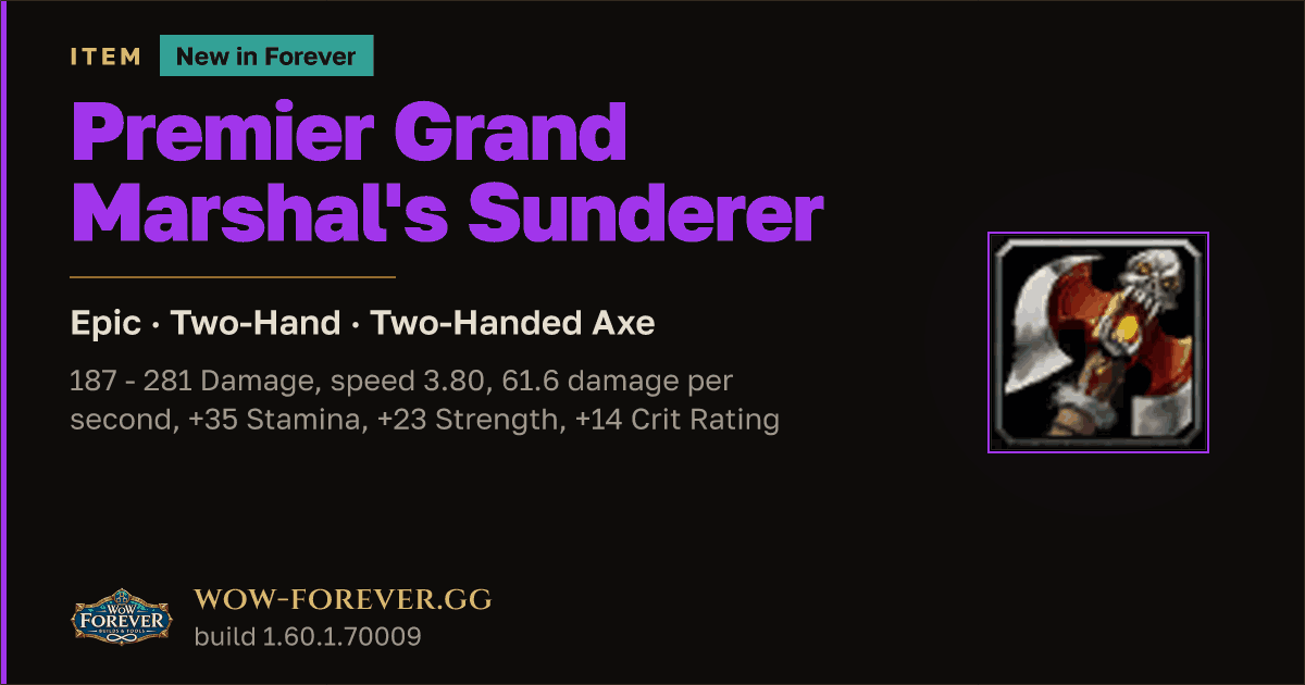 The preview card for Premier Grand Marshal's Sunderer - WoW Forever Item