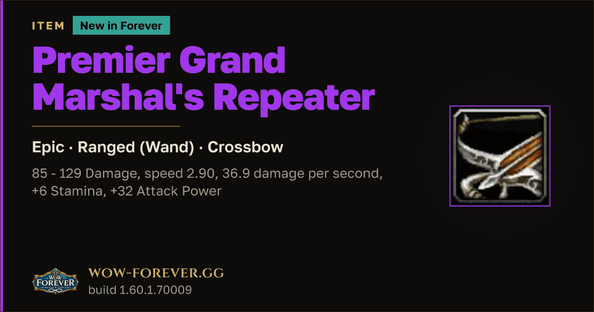The preview card for Premier Grand Marshal's Repeater - Epic Crossbow