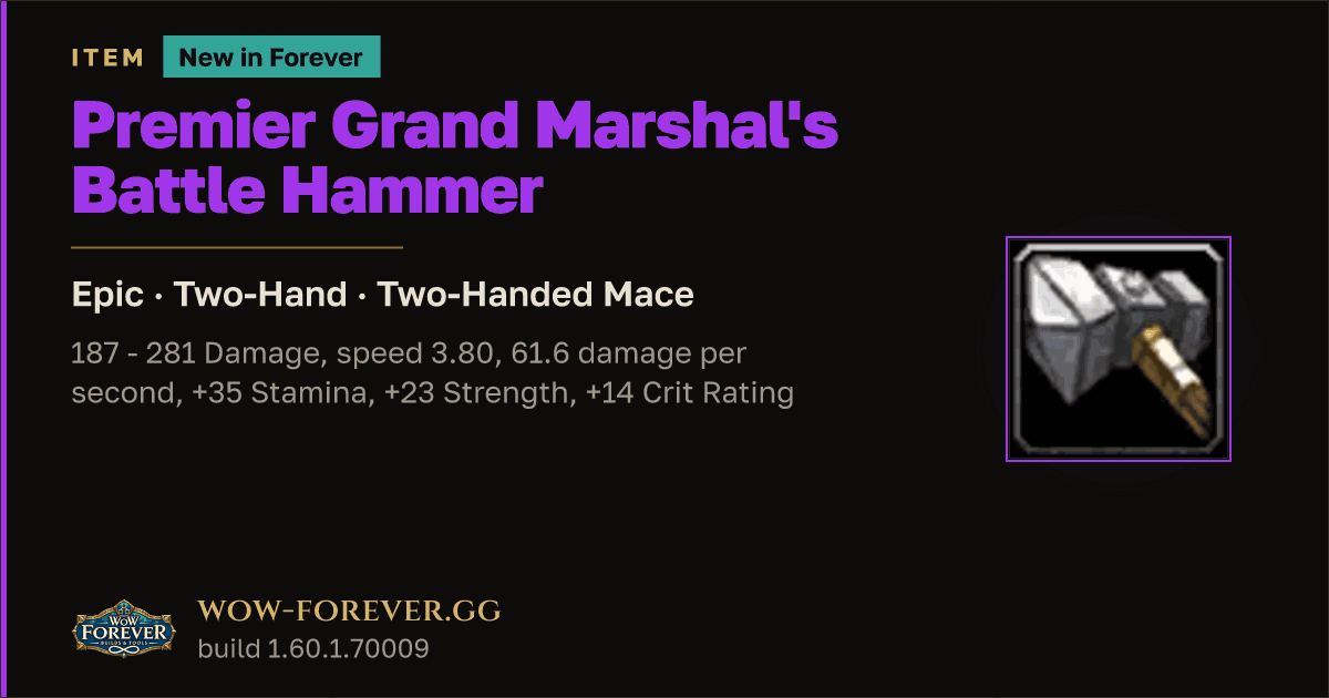 The preview card for Premier Grand Marshal's Battle Hammer - WoW Forever Item