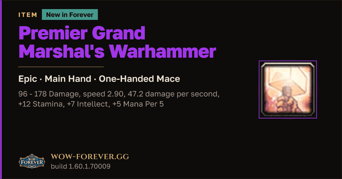 The preview card for Premier Grand Marshal's Warhammer - WoW Forever Item