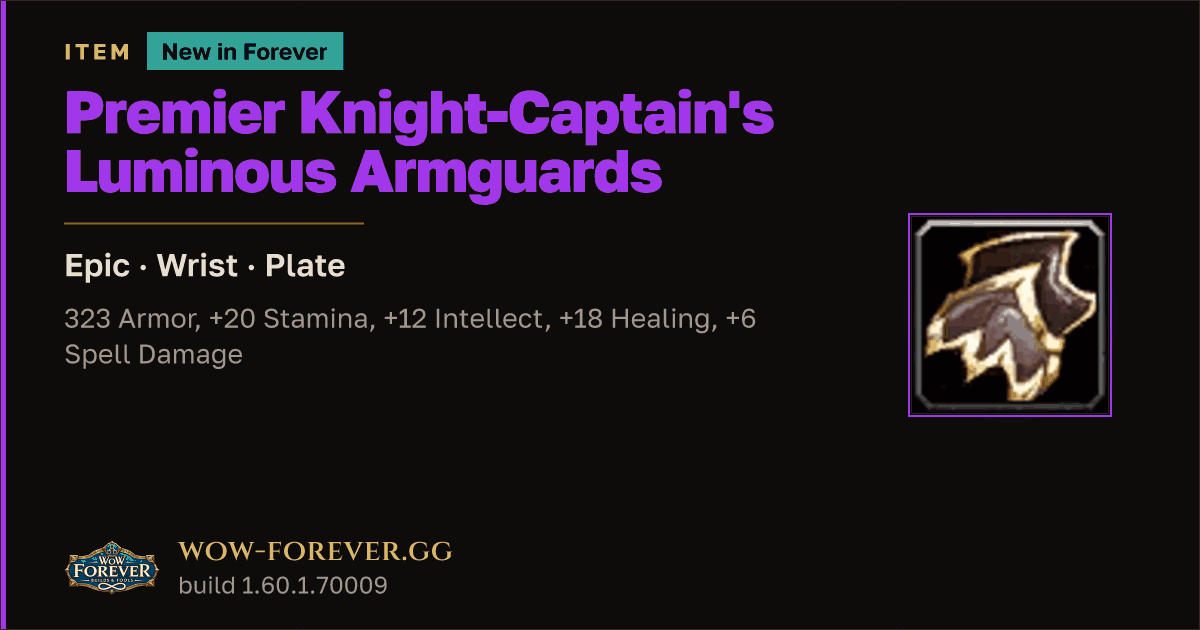 The preview card for Premier Knight-Captain's Luminous Armguards - WoW Forever Item