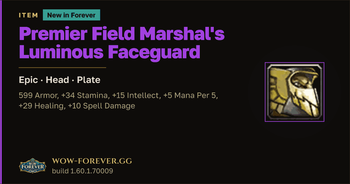 The preview card for Premier Field Marshal's Luminous Faceguard - WoW Forever Item
