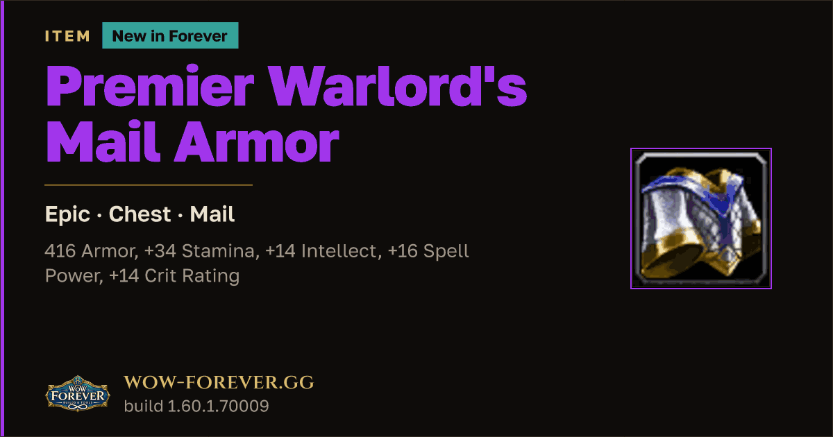 The preview card for Premier Warlord's Mail Armor - Epic Mail Chest