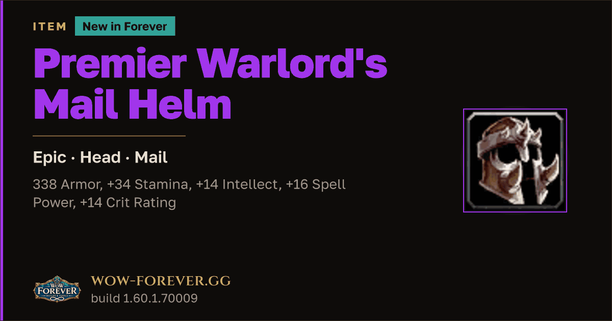 The preview card for Premier Warlord's Mail Helm - Epic Mail Head