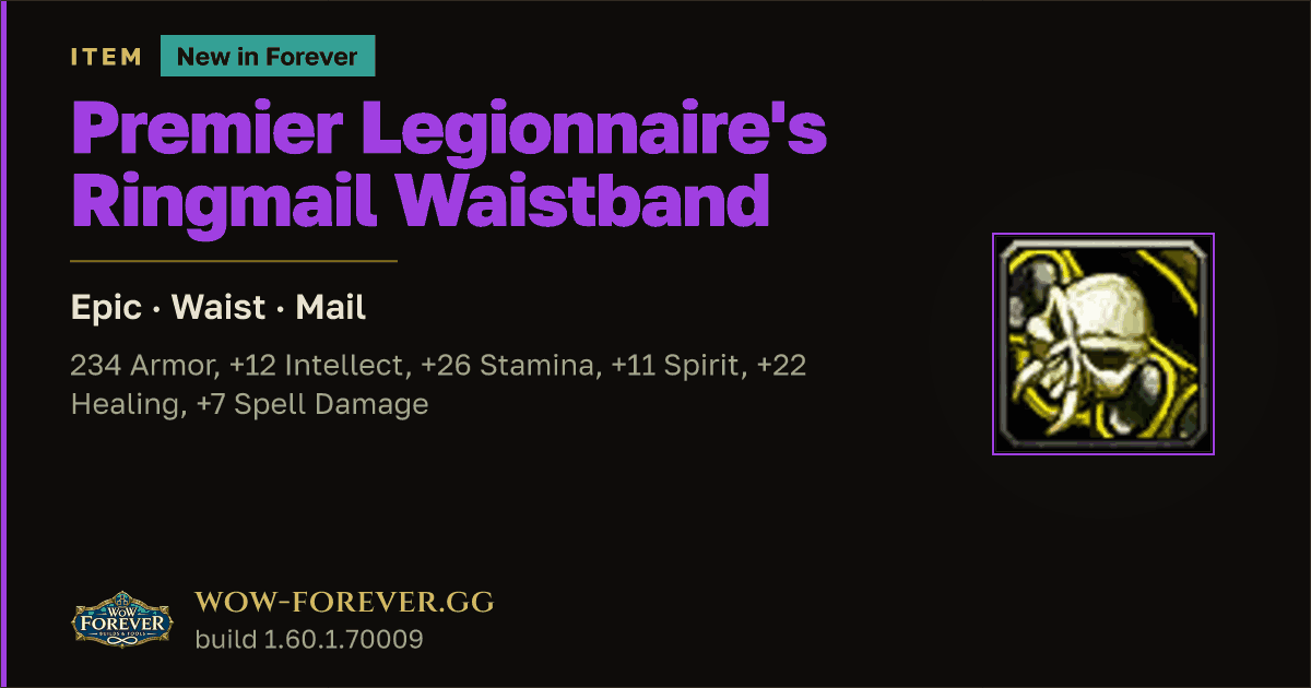 The preview card for Premier Legionnaire's Ringmail Waistband - WoW Forever Item