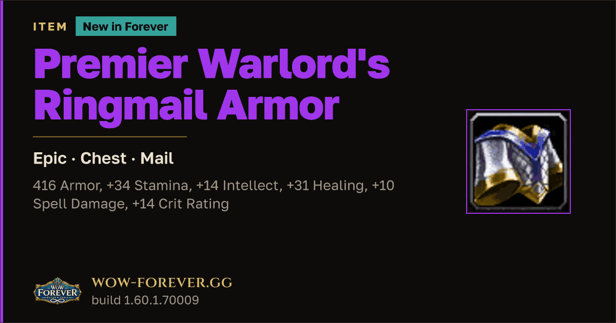 The preview card for Premier Warlord's Ringmail Armor - Epic Mail Chest