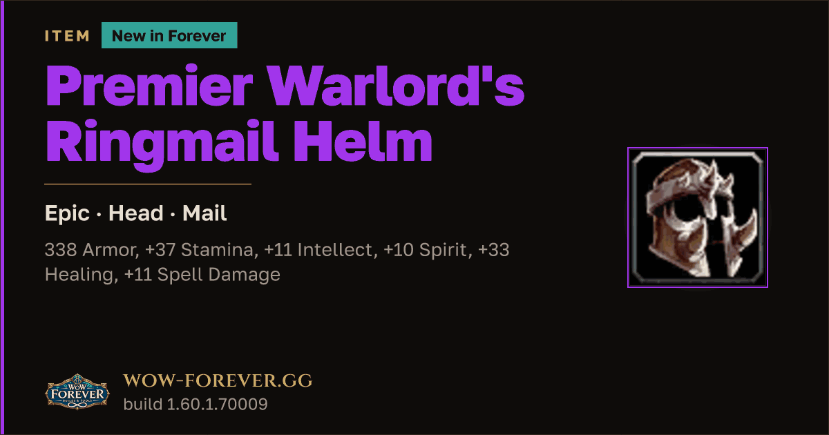 The preview card for Premier Warlord's Ringmail Helm - Epic Mail Head