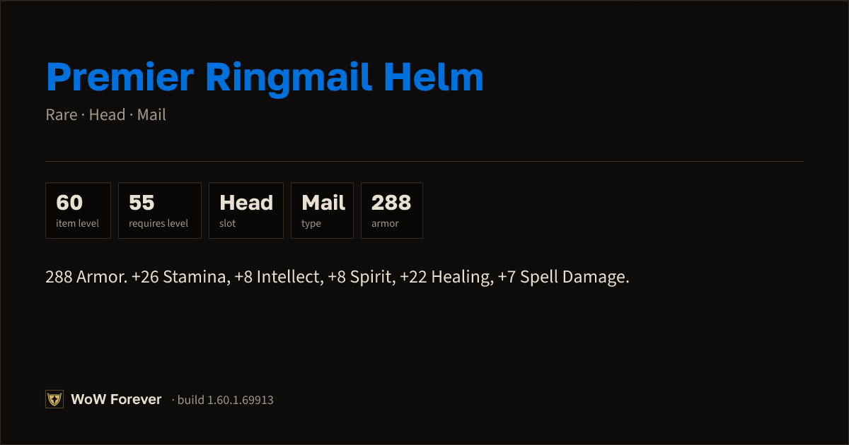 The preview card for Premier Ringmail Helm - Rare Mail Head