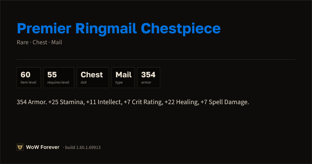 The preview card for Premier Ringmail Chestpiece - Rare Mail Chest