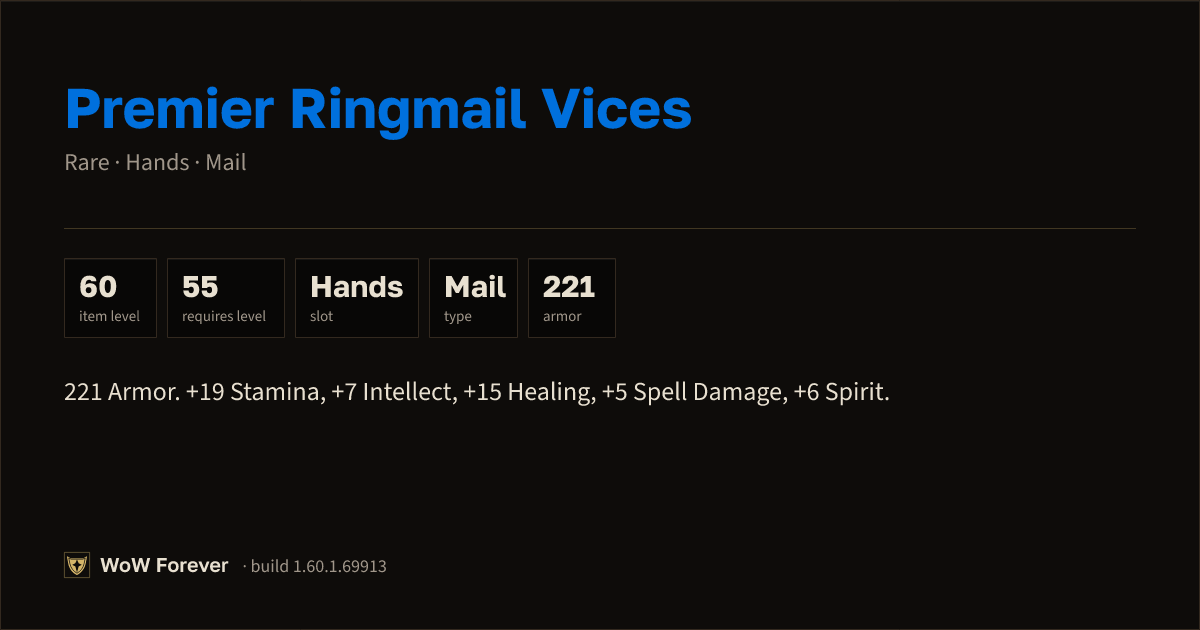 The preview card for Premier Ringmail Vices - Rare Mail Hands
