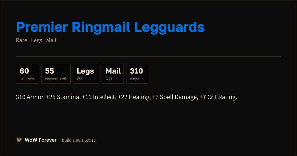 The preview card for Premier Ringmail Legguards - Rare Mail Legs
