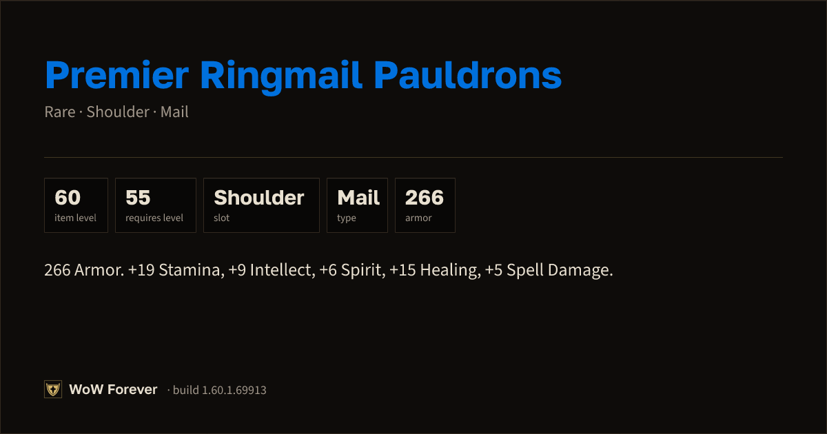 The preview card for Premier Ringmail Pauldrons - Rare Mail Shoulder