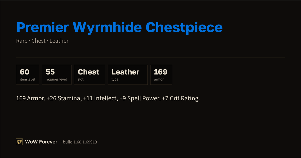 The preview card for Premier Wyrmhide Chestpiece - Rare Leather Chest