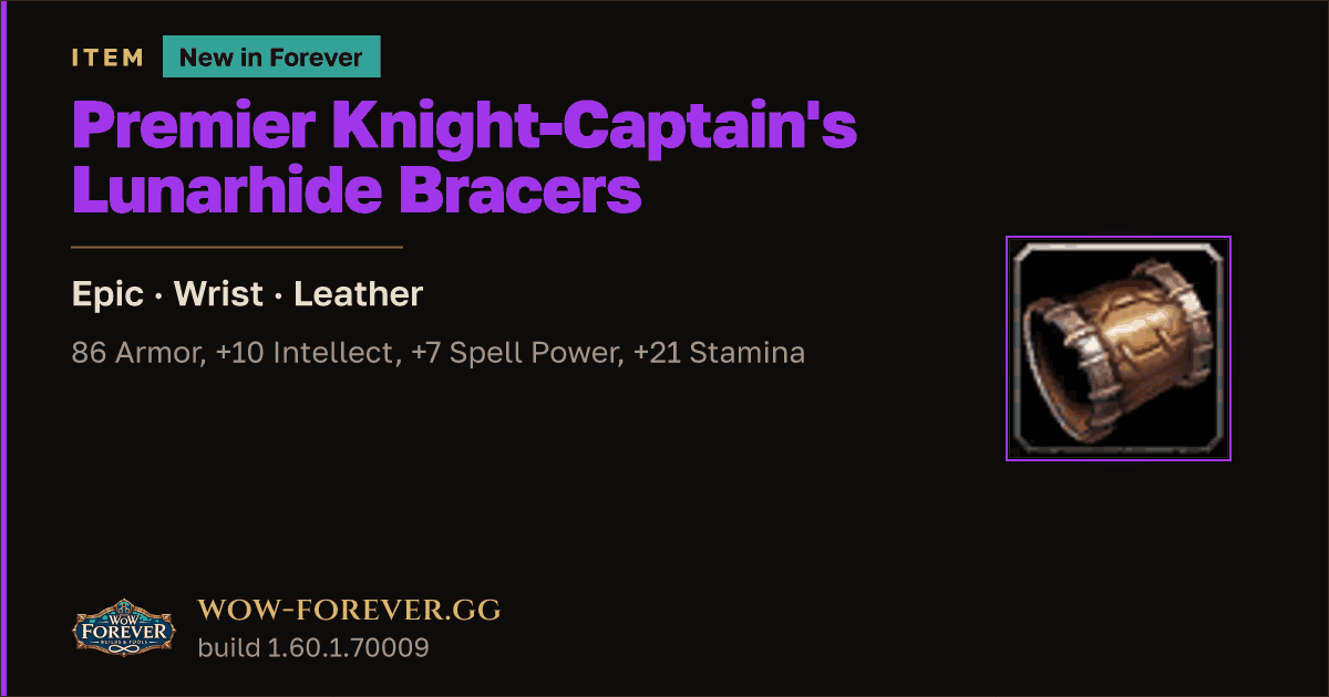 The preview card for Premier Knight-Captain's Lunarhide Bracers - WoW Forever Item