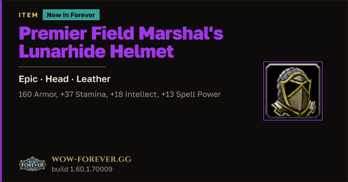 The preview card for Premier Field Marshal's Lunarhide Helmet - WoW Forever Item