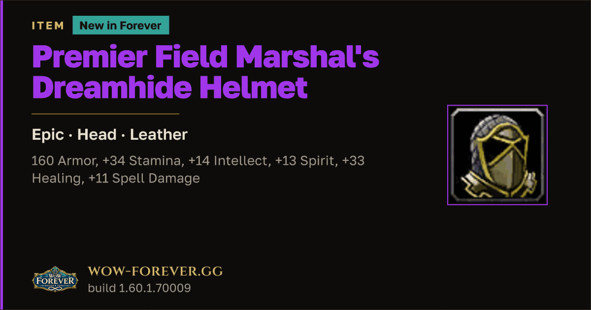 The preview card for Premier Field Marshal's Dreamhide Helmet - WoW Forever Item