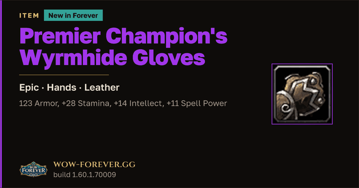 The preview card for Premier Champion's Wyrmhide Gloves - WoW Forever Item