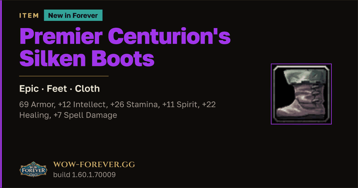 The preview card for Premier Centurion's Silken Boots - Epic Cloth Feet