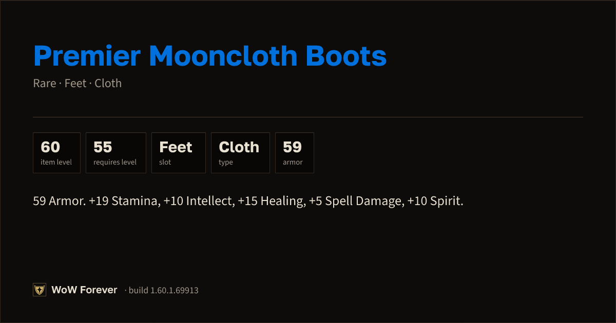 The preview card for Premier Mooncloth Boots - Rare Cloth Feet