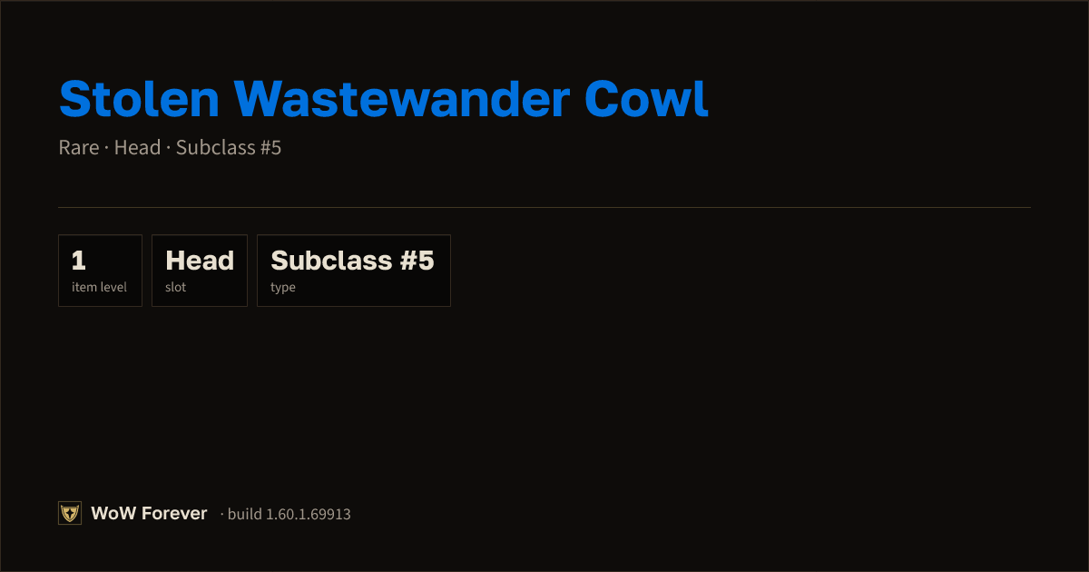 The preview card for Stolen Wastewander Cowl - Rare Head-Slot Item