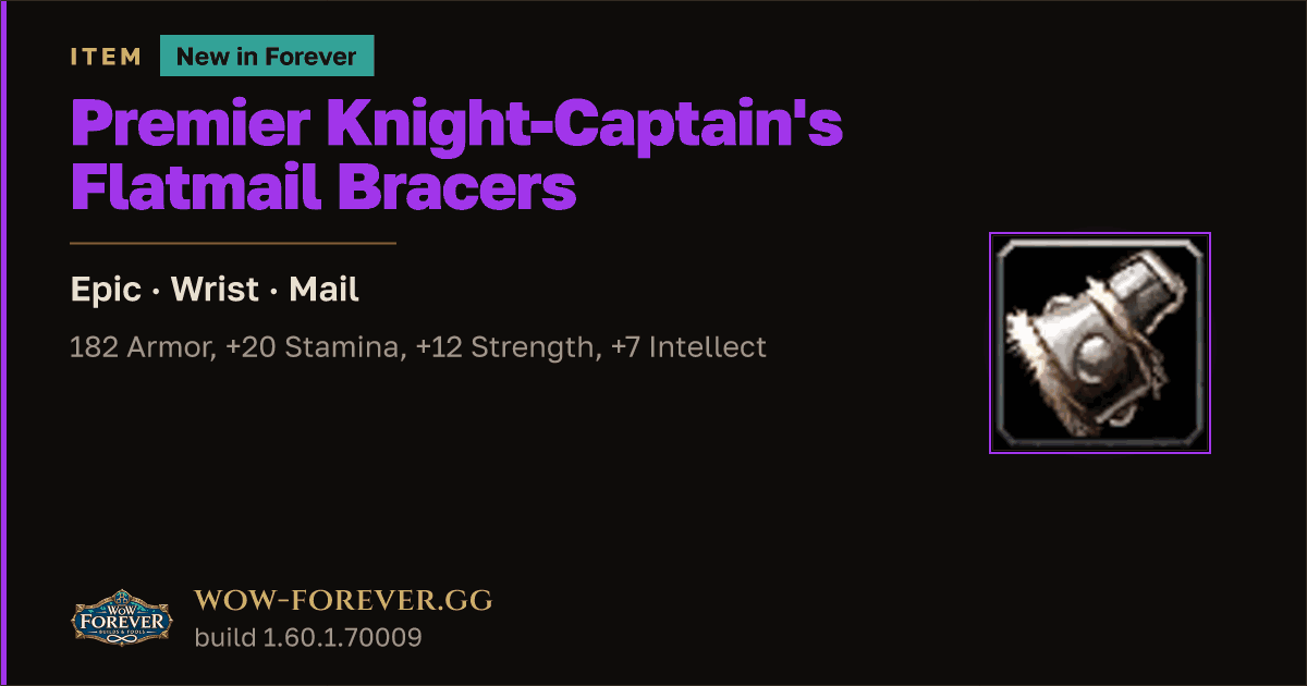 The preview card for Premier Knight-Captain's Flatmail Bracers - WoW Forever Item