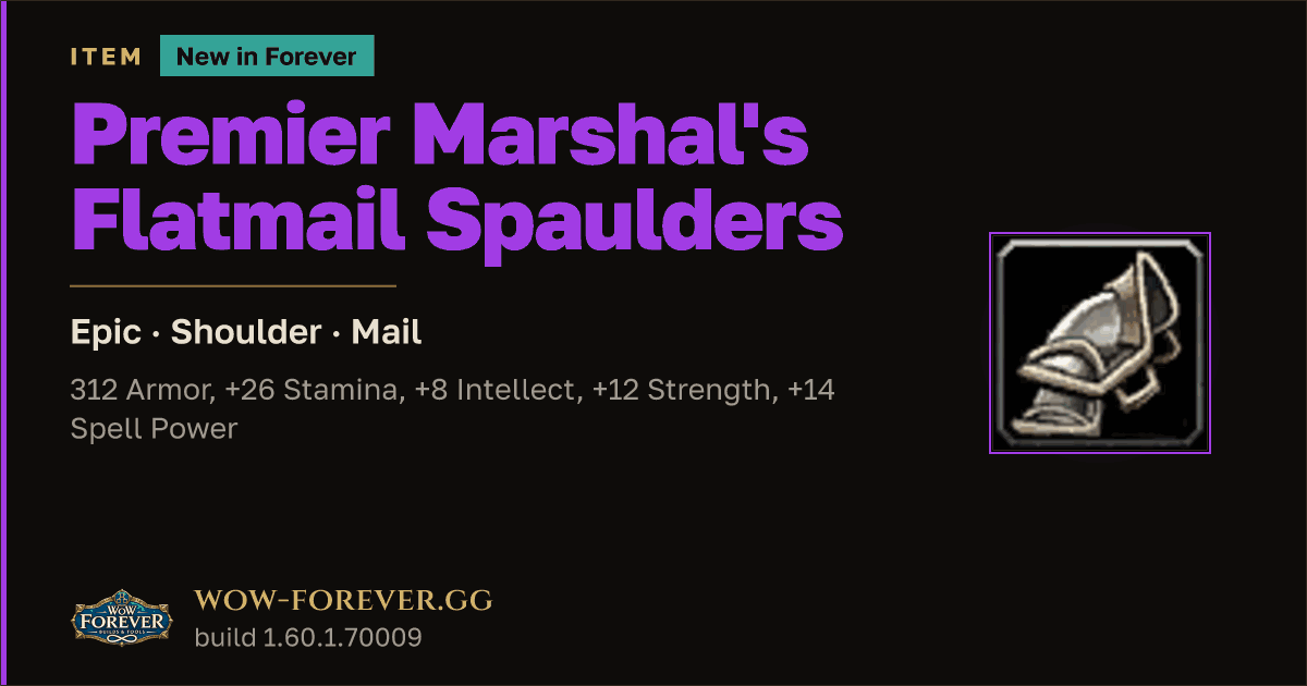 The preview card for Premier Marshal's Flatmail Spaulders - WoW Forever Item