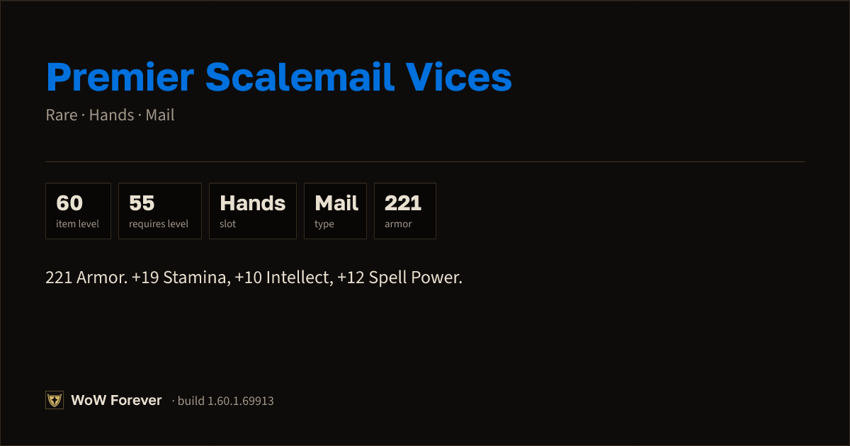 The preview card for Premier Scalemail Vices - Rare Mail Hands