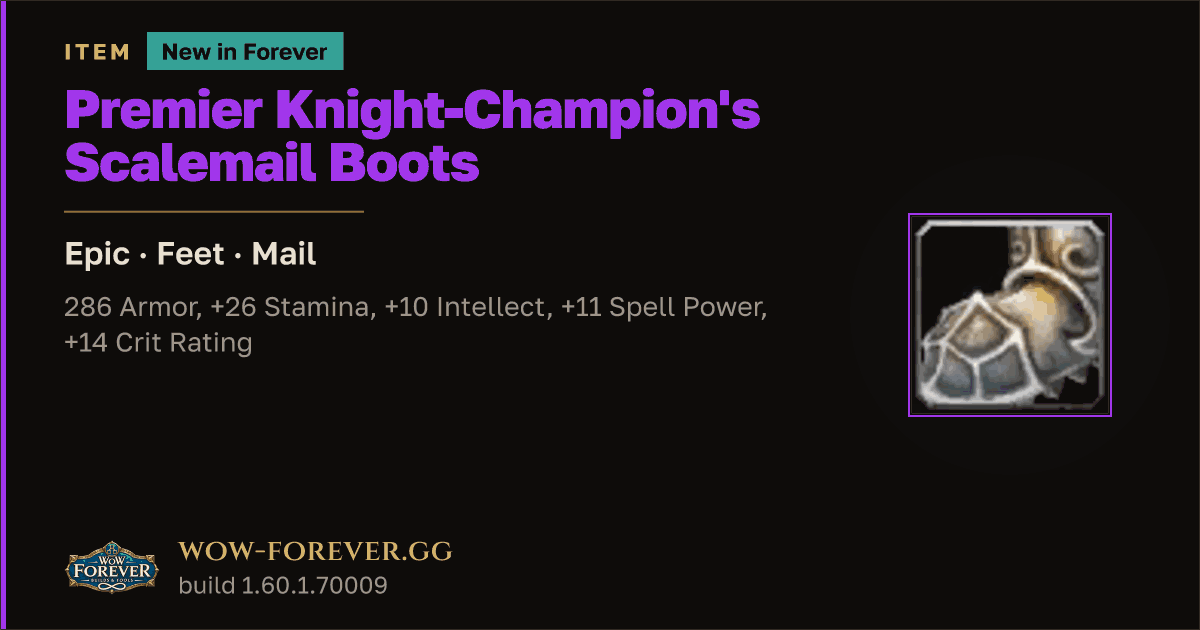 The preview card for Premier Knight-Champion's Scalemail Boots - WoW Forever Item