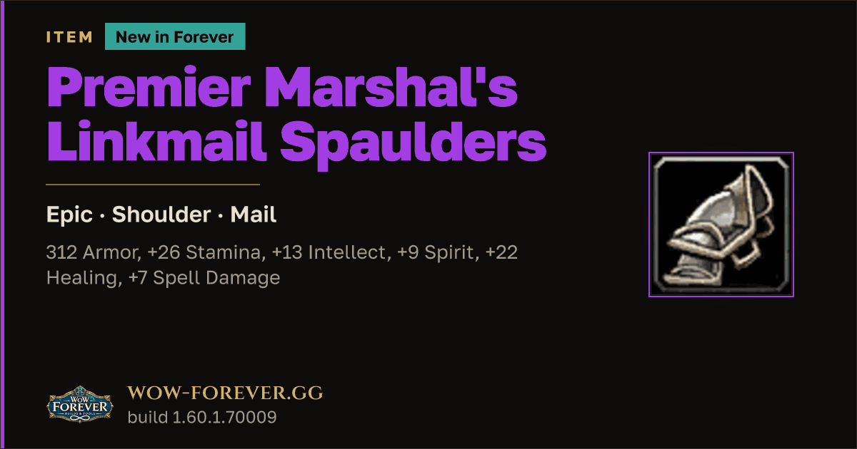 The preview card for Premier Marshal's Linkmail Spaulders - WoW Forever Item