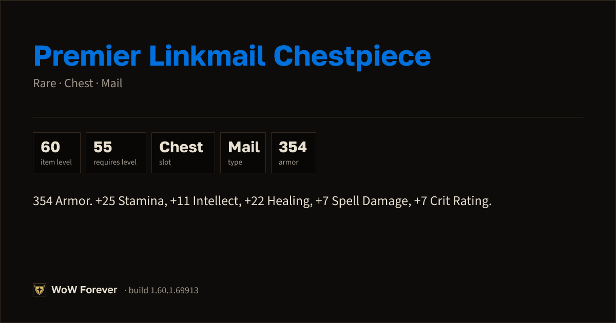 The preview card for Premier Linkmail Chestpiece - Rare Mail Chest