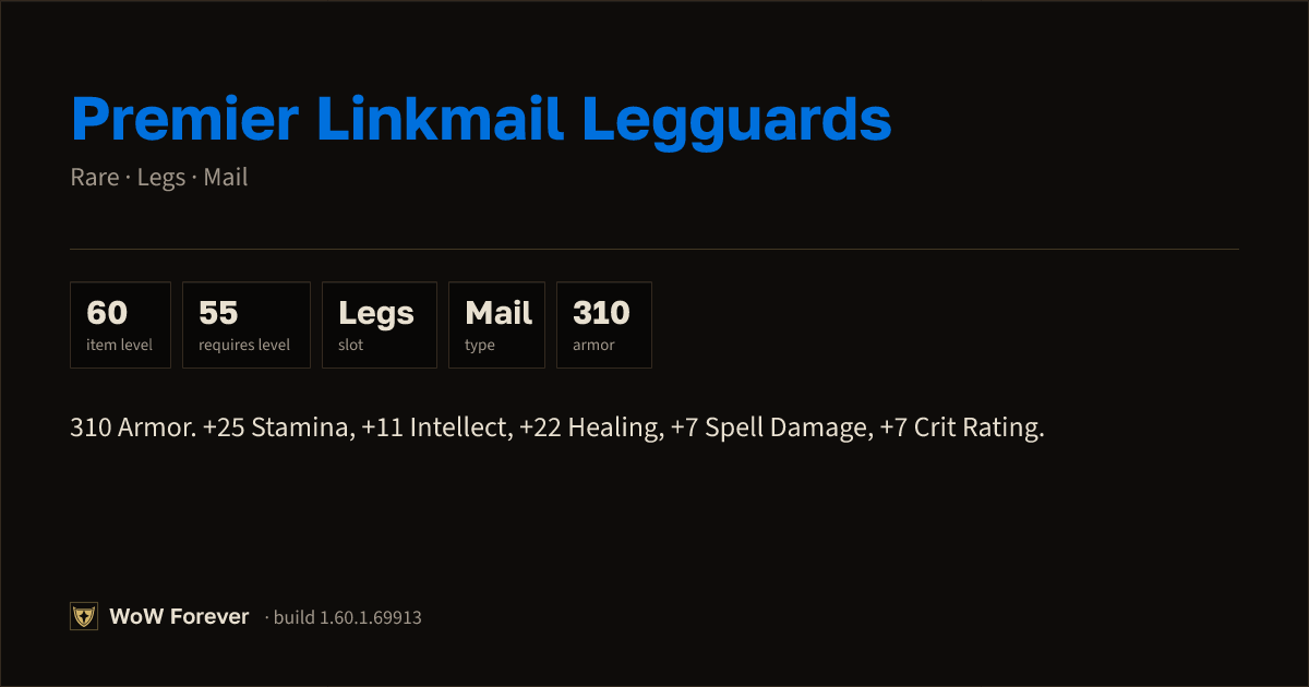 The preview card for Premier Linkmail Legguards - Rare Mail Legs