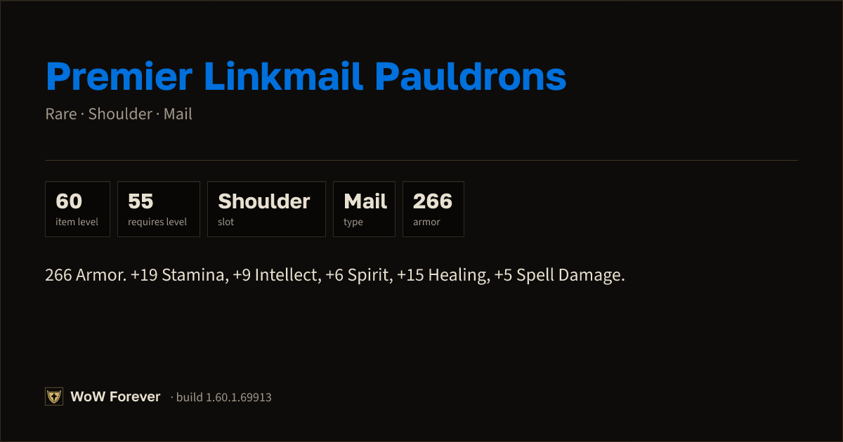The preview card for Premier Linkmail Pauldrons - Rare Mail Shoulder